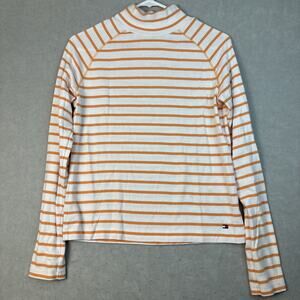 Tommy Hilfiger Shirt Women’s Large Yellow Crest Striped L/S Mock Turtleneck Fall